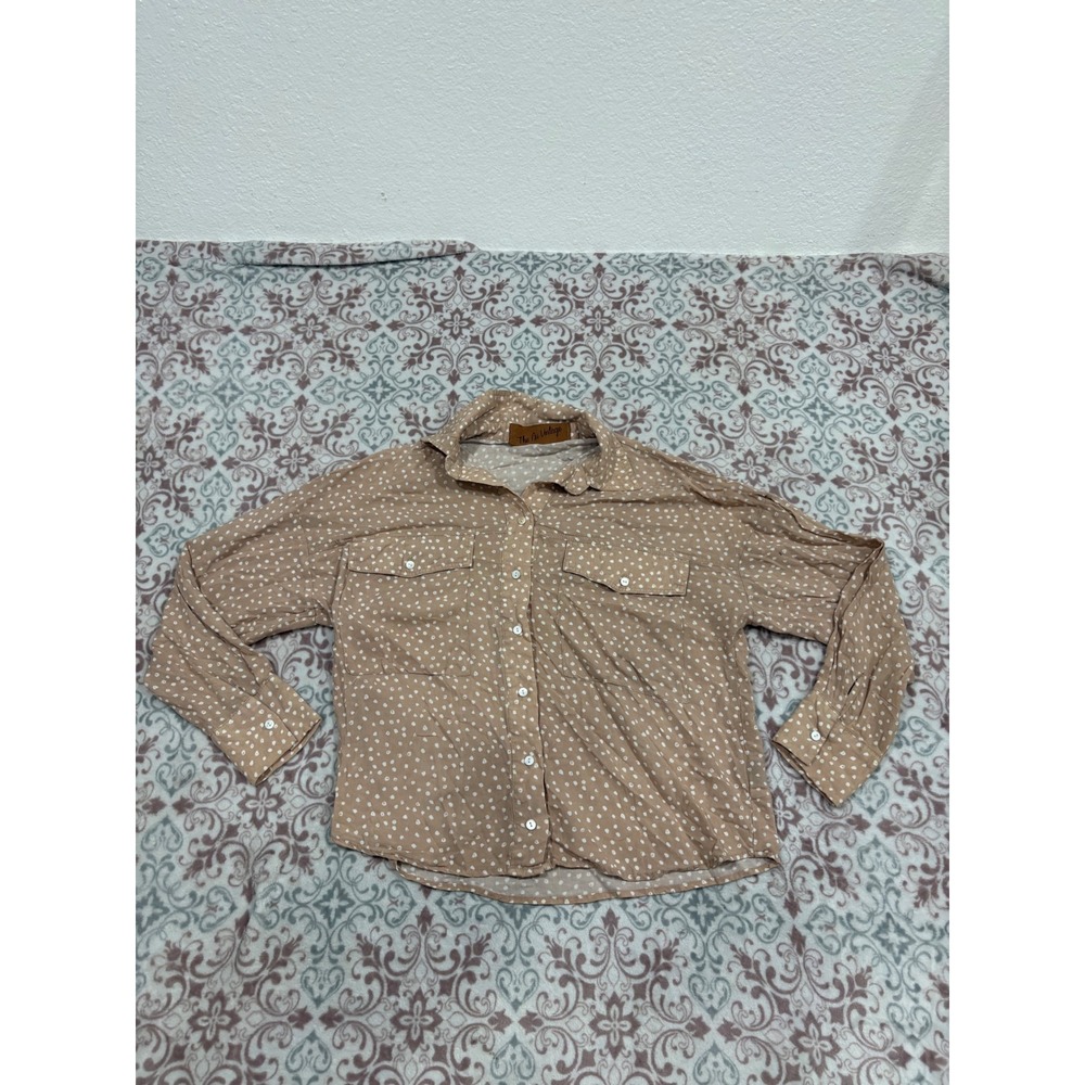 The Nu Vintage Polka Dot Button Down Shirt Tan Brown Long Sleeve Pockets Womens